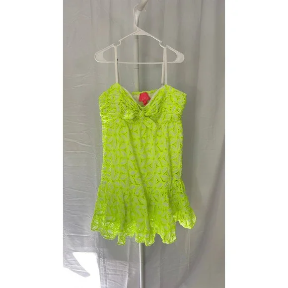 $185 Lilly Pulitzer Briana Bright Neon Eyelet Bow Tiered Mini Dress Size 12